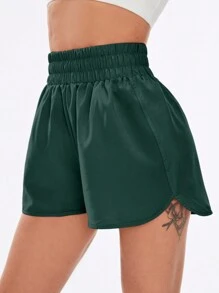 SHEIN Sports Women's High-Waist Elastic Waist Sports Shorts, Summer Jogger Shorts Comfy Short Sweater Shorts - Dark Green - View 6