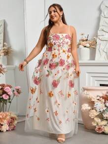 SHEIN Belle 女士大碼優雅凈網刺繡伴娘長晚禮服 - 米色 - 查看 6