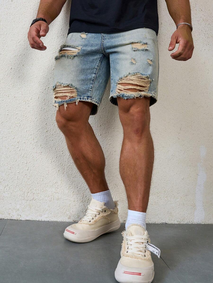 Manfinity LEGND Men's Ripped Casual Denim Shorts With Pockets Low Rise Baggy Jorts Plain Light Blue Going Out Street Wear Friends