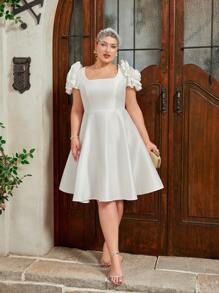 SHEIN Belle Plus Size White Exaggerated Cubic Flower Shoulder Decoration Tutu Princess Dress Elegant Simple Bridal Wedding Gift Cocktail Dresses - White - View 3