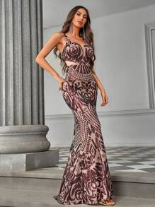 SHEIN Belle Elegante, prachtige, sexy zeemeerminjurk met V-hals en lovertjes, geschikt voor luxe banketten en avondfeesten
