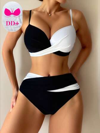 Swim DD+ Conjunto de bikini sexy para mujer con color contrastante y diseño cruzado en el pecho para playa de verano