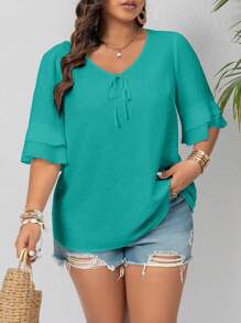 EMERY ROSE Blusa casual simple con cuello en V, textura arrugada, decoración de lazo y mangas con volantes para tallas grandes - verde menta - Ver 5