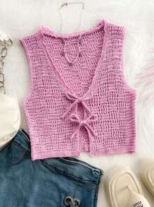 Soleia WYWH Women's Peach-Pink Knitted Vest With Tie, Front-Open Mohair Vest For Vacation