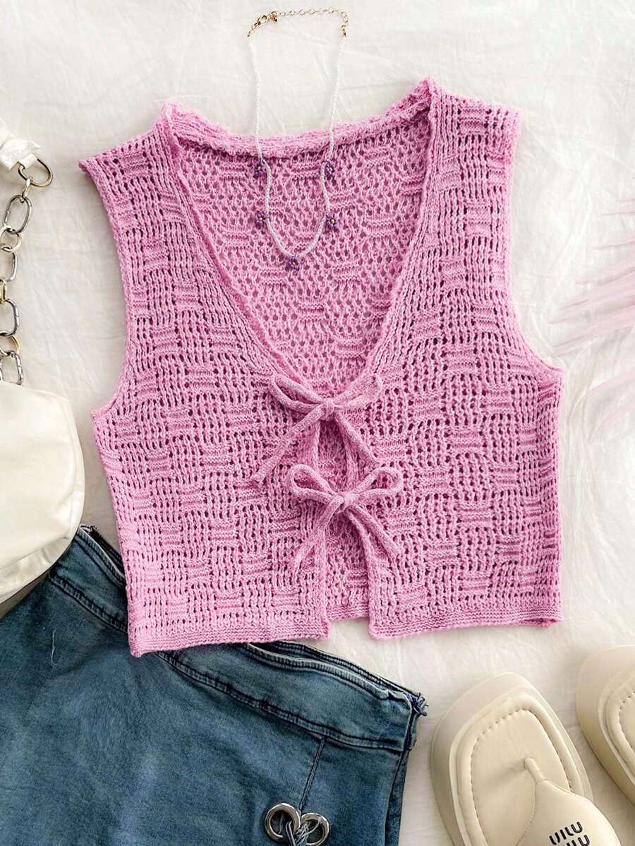 Soleia WYWH Women's Peach-Pink Knitted Vest With Tie, Front-Open Mohair Vest For Vacation