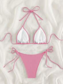 Swim Mod Women's Summer Beach Solid Color Halter Neck Tie Two-Piece Bikini Set