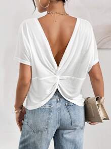 SHEIN Essnce Women's Summer Casual Backless Twisted Knot T-Shirt - White - View 4