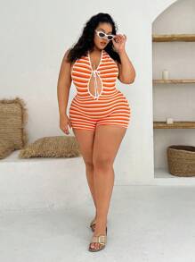 SHEIN SXY Backless Striped Halter Neck Hollow Out Bandage Romper For Beach Vacation - Orange - View 5