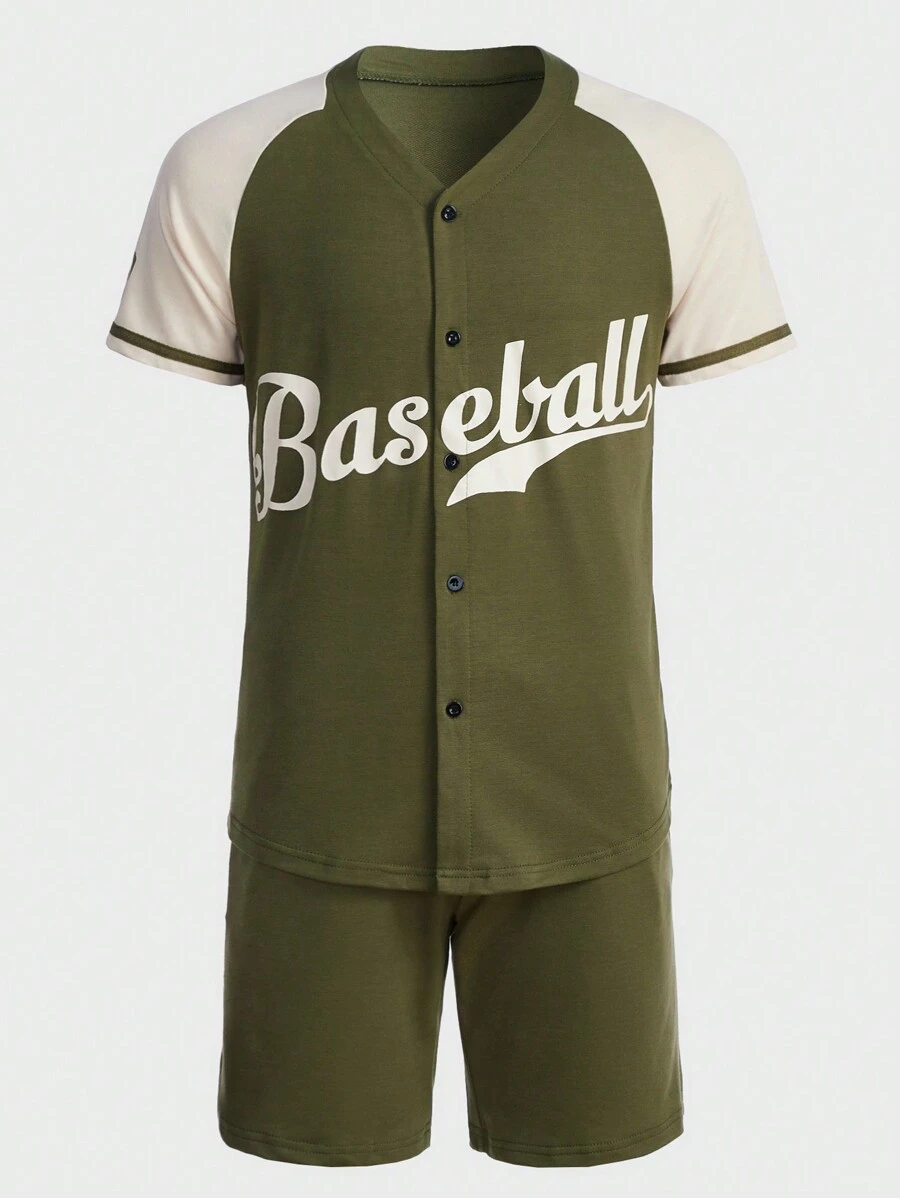 Manfinity Men Letter Graphic Raglan Sleeve Shirt & Shorts Without Tee - Army Green - View 1