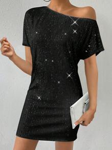 Chiquease 黑色亮片斜领优雅浪漫简约女式连衣裙，适合节日派对穿着