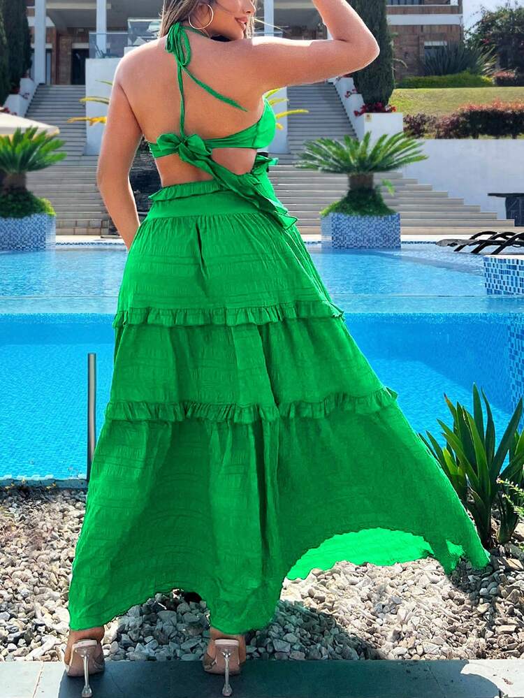 Multi-Layered Ruffled Halterneck Straps Hollow Extra-Long A-Hem Dress Holiday Sexy Cargo Summer Beach Vacation Boho Women Outfit Pride Clothes Western Wear Birthday Outfit Bachelorette Party Concert Outfits Club Summer Women Outfit Pride Clothes Western Wear Birthday Outfit Bachelorette Party Concert Outfits Club