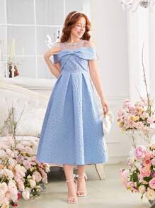 SHEIN Teen Girl Woven Net Dress With Embroidery, Bow And Off-Shoulder Design - Blue - View 9