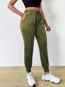 VaVaBold Pantalones deportivos casuales holgados para mujer con diseño de bolsillo y unicolor para moda - Verde militar - Ver 6