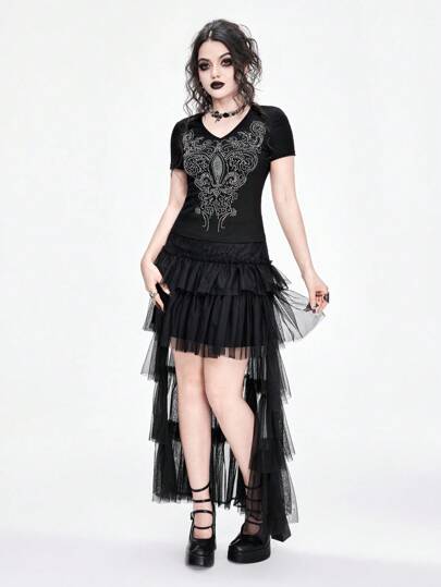Goth Gothic Vampir Mehrfarbig Strass verziertes, körperbetontes T-Shirt für Damen