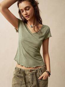 Bohemela Women's Summer Vacation Solid Color Slouchy Short Sleeve V-Neck T-Shirt