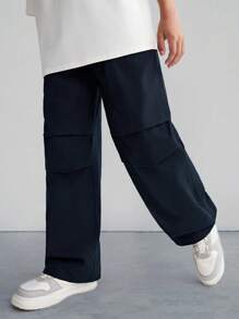 SHEIN Tween Boy Quần dệt dây rút màu trơn có túi xéo - Màu xanh hải quân - Xem 6