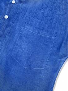 Solid Color Button-Front Casual Short Sleeve Shirt With Pocket - Blue - View 3