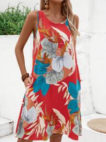 EMERY ROSE Women's Summer Holiday Tropical Plant Printed Sleeveless Casual Tank Dress