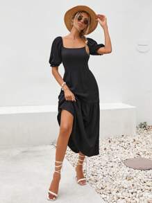 EURMUSE Back Frill Detail Black Long Summer Dress - Black - View 4
