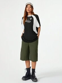 SHEIN EZwear Shorts de estilo urbano y fresco para mujer, ropa de trabajo neutral con bolsillos grandes y longitud media - Verde Oliva - Ver 4