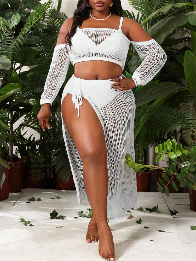 Plus Size Hollow Knit Beach Cover Up Summer
