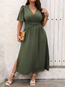 SHEIN Unity Đầm nữ mùa hè màu trơn cổ chữ V xếp nếp tay ngắn thanh lịch cỡ lớn cho nữ - xanh quân đội - Xem 4