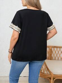 SHEIN LUNE 大尺碼夏季休閒拼色亮片拼接短袖T恤 - 黑色 - 查看 2