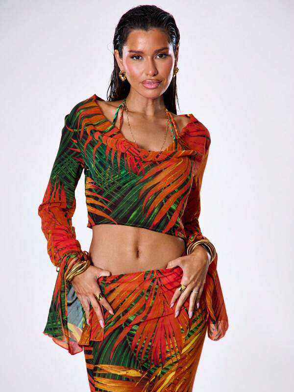 MUSERA Abstract Print Frill Sleeve Top Vacation Spring Summer