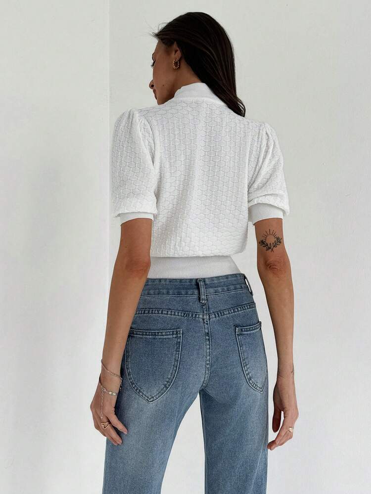 Simple High Neck Half Sleeve Textured Knit White Women's T-Shirt For Office Commute