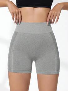 Easithlete Quần short thể thao liền mạch cạp cao màu trơn, quần short nỉ mùa hè cho nữ, quần short tập gym, quần short đi xe đạp - Xám - Xem 4