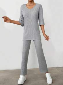EURMUSE Women's V-Neck Ribbed Pit Strip T-Shirt And Long Pants Two-Piece Set - Grey - View 3