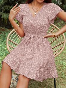 SHEIN Frenchy Summer Women's Floral Print Belted Dress Bridgerton Thanks Giving Pink Vacation Flower - Pink - View 4