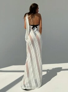 Aloruh Spring/Summer Vacation Elegant Dress With Semi-Transparent Straps And Belt, Sleeveless, Perfect For Photoshoots - Apricot - View 4