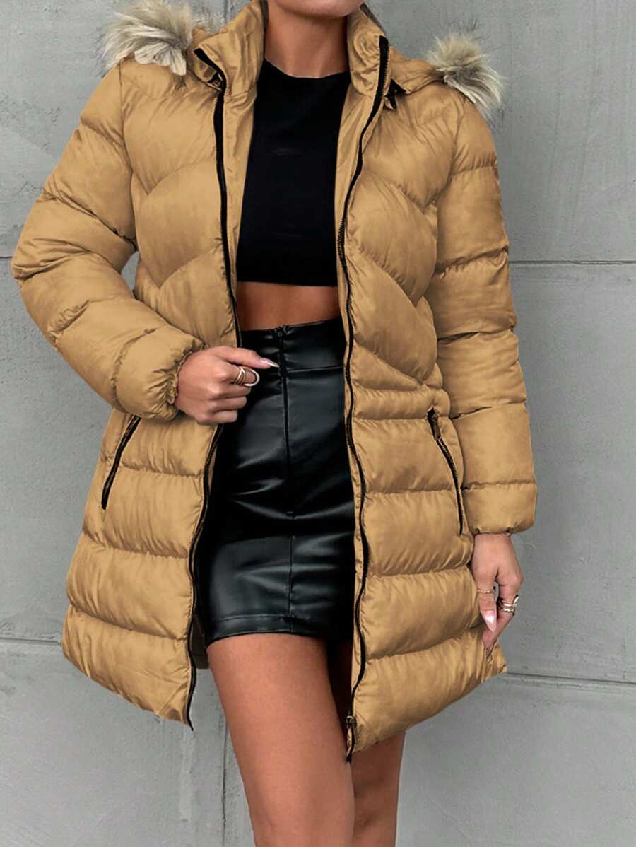 SHEIN Cottnline 女式帶拉鍊和毛茸細節的帽兜羽絨外套 - 芥末黃 - 查看 1