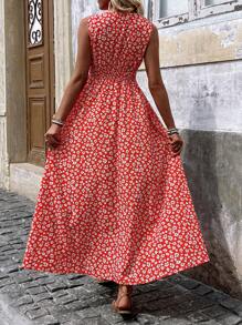 SHEIN LUNE Red Ditsy Floral V-Neck Sleeveless Dress - Red - View 2