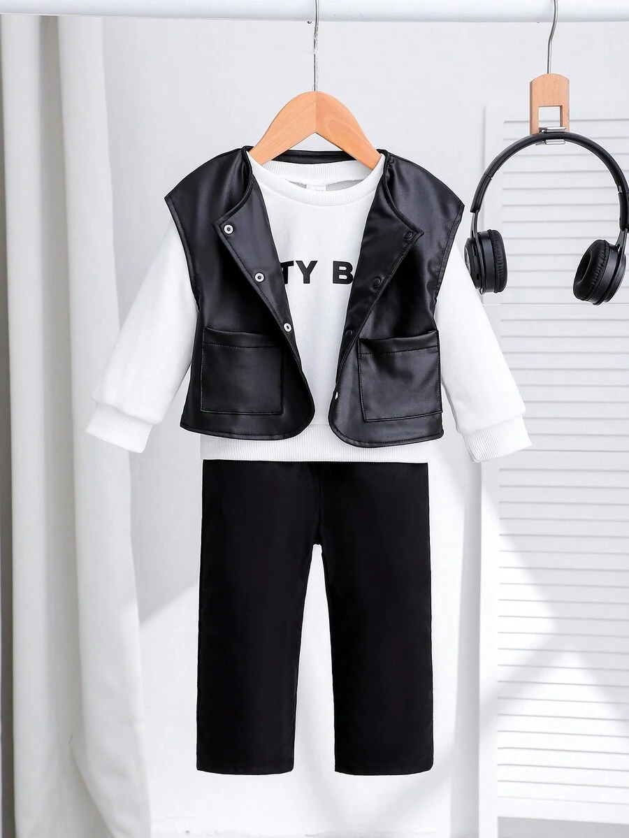 SHEIN 3pcs/Set Baby Boys' Casual Street Style Fashionable Letter Printed Sweatshirt, Vest And Long Pants Spring/Summer Outfits - Black and White - View 1