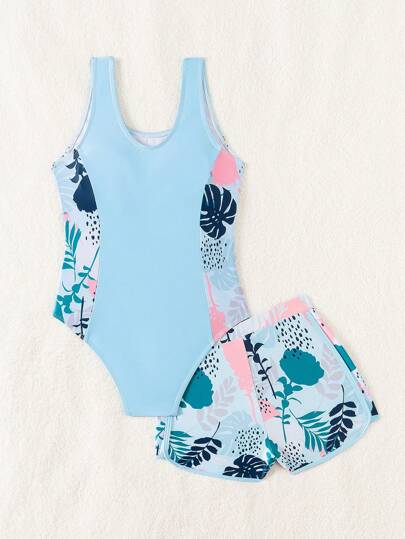 SHEIN Tween Girl Swimsuit/One-Piece Swimsuit/Printed Ring & Loop/2pcs Set