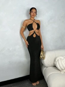 SHEIN BAE Women's Summer Solid Color Hollow Out Bodycon Halter Graduation Party Dress