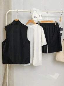 SHEIN 青少年男孩加大码 3 件套休闲纯色短袖 T 恤、立领拉链背心和工装短裤、针织面料和贴袋套装 - 彩色 - 查看 2