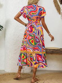 Breezaya Woven Printed Lace Spliced Ruffle Sleeve V-Neck Dress - Multicolor - View 2