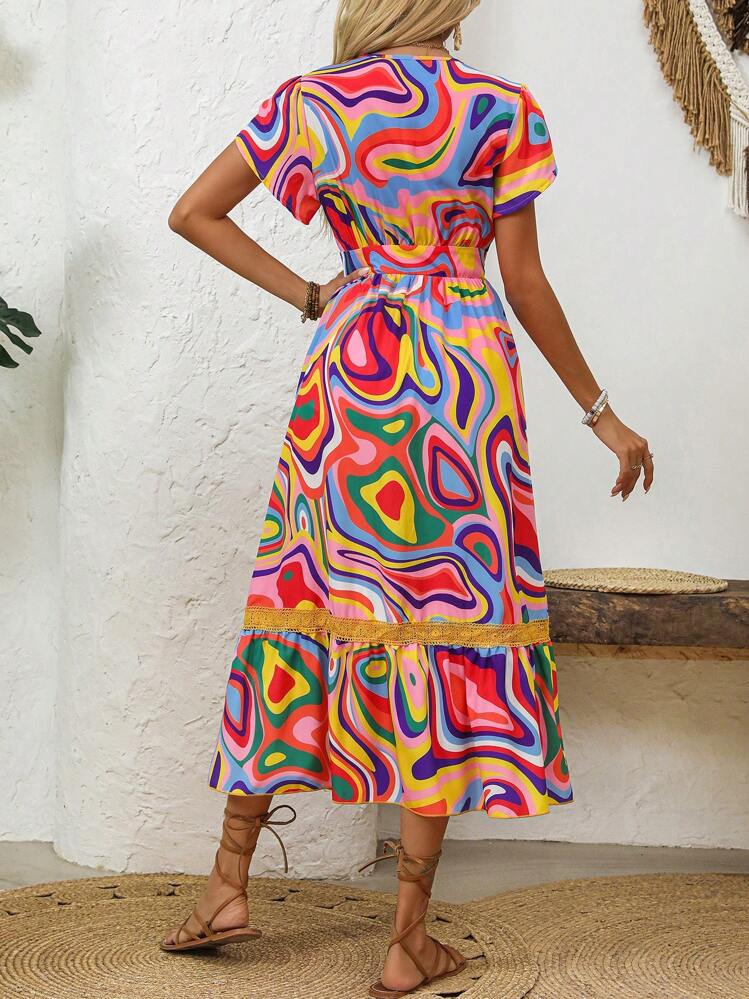Breezaya Woven Printed Lace Spliced Ruffle Sleeve V-Neck Dress - Multicolor - View 2