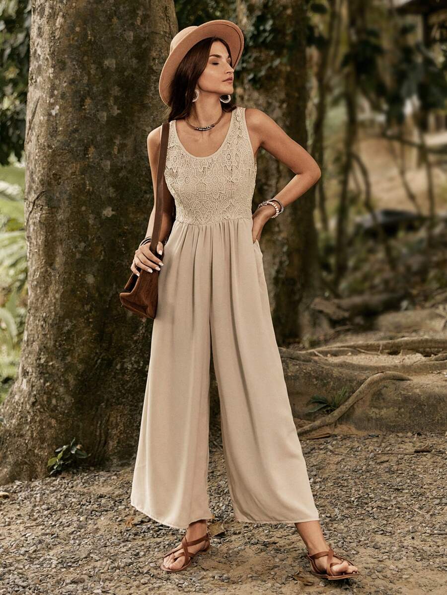 LanaWest Bộ áo liền quần không tay thêu hòa tan trong nước chắp vá, phong cách đi nghỉ - Màu Khaki - Xem 1