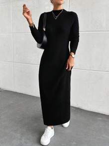 EURMUSE Rochie Lunga Neagra Casual Elegant - Negru - Vizualizare 4