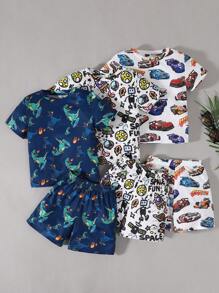 SHEIN Leap Crew 6入組男童休閒圓領印花短袖t恤、短褲和家居服裝套裝 - 彩色 - 查看 3