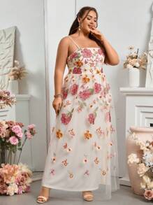 SHEIN Belle 女士大碼優雅凈網刺繡伴娘長晚禮服 - 米色 - 查看 3