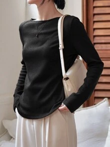 Dazy-Less Solid Boat Neck Tee Long Sleeve Women Tops Business Casual Woman Work Clothes - Black - View 4