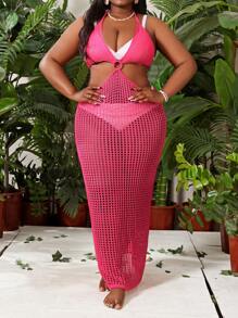SHEIN Swim Curve 夏季大码镂空针织露背挂脖沙滩罩衫连衣裙 - 玫紅色 - 查看 1