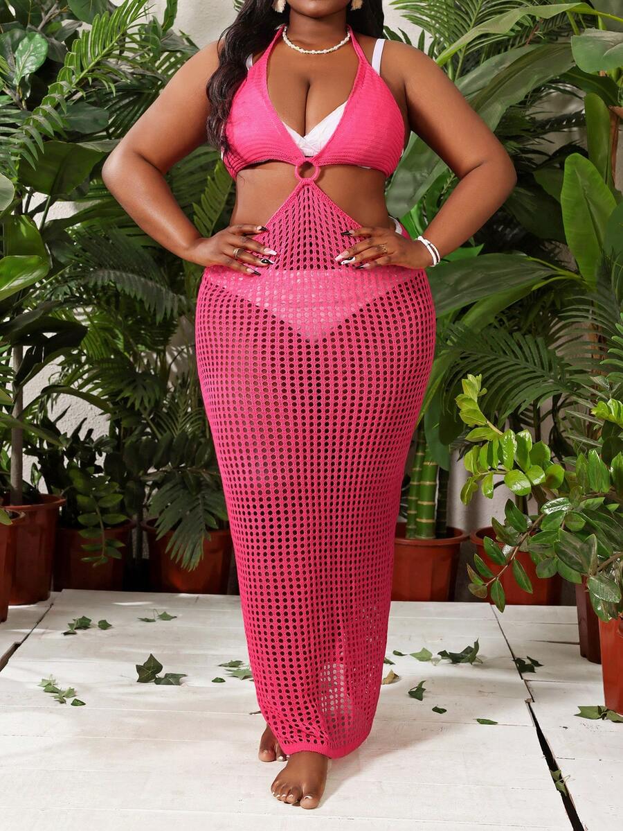 SHEIN Swim Curve 夏季大码镂空针织露背挂脖沙滩罩衫连衣裙 - 玫紅色 - 查看 1