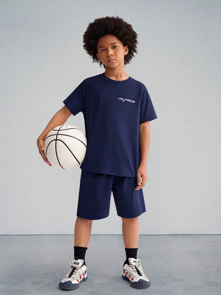 Tween Boy Knitted Solid Color Letter Print Design Short Raglan Sleeve T-Shirt And Shorts Two Pieces Set