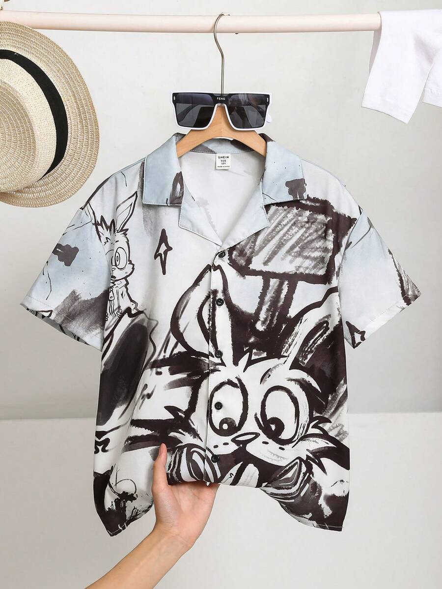 SHEIN Cậu bé Tween Giải trí Trang phục trên phố In Vòng cổ Lỏng lẻo phù hợp Ngắn tay Dệt Áo sơ mi - Xám - Xem 1